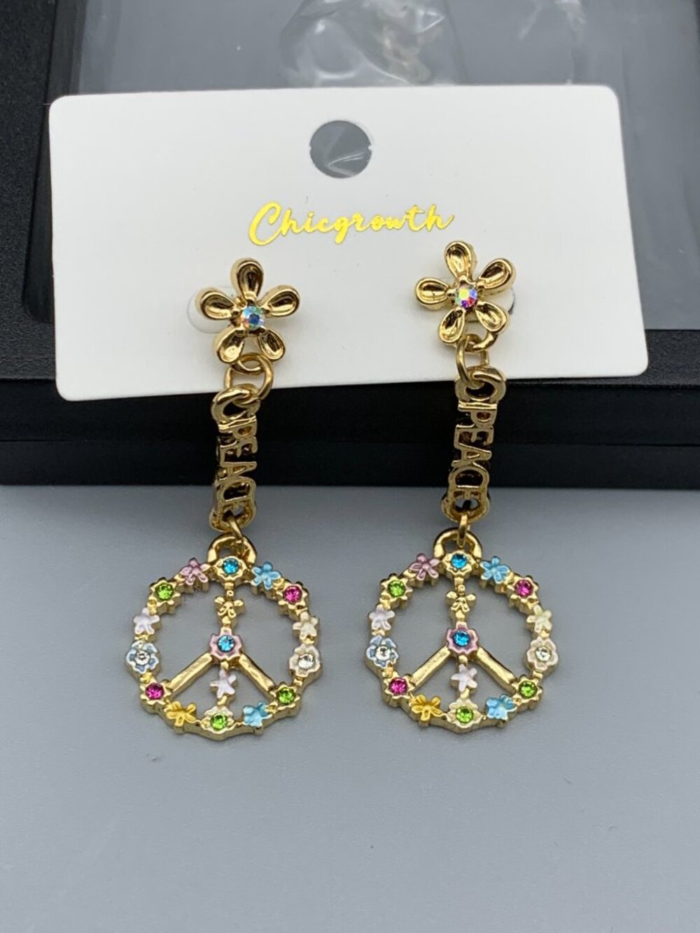 Chicgrowth Gold-Tone Dangle Peace Sign Pierced Earrings with Colored Flowers